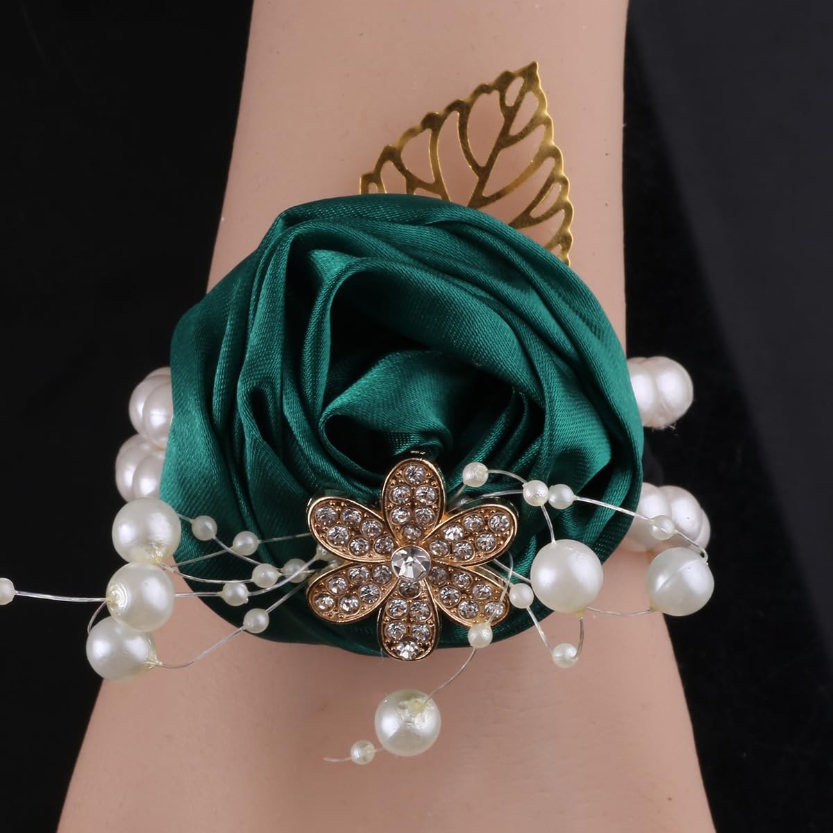 5 PCS Pearl Beaded Satin Wrist Corsage Artificial Flower Emerald Green