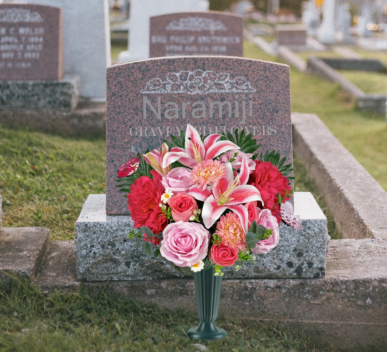 Colorfast Cemetery Flowers Grave Vase Pink Roses Headstone Sympathy Memorial