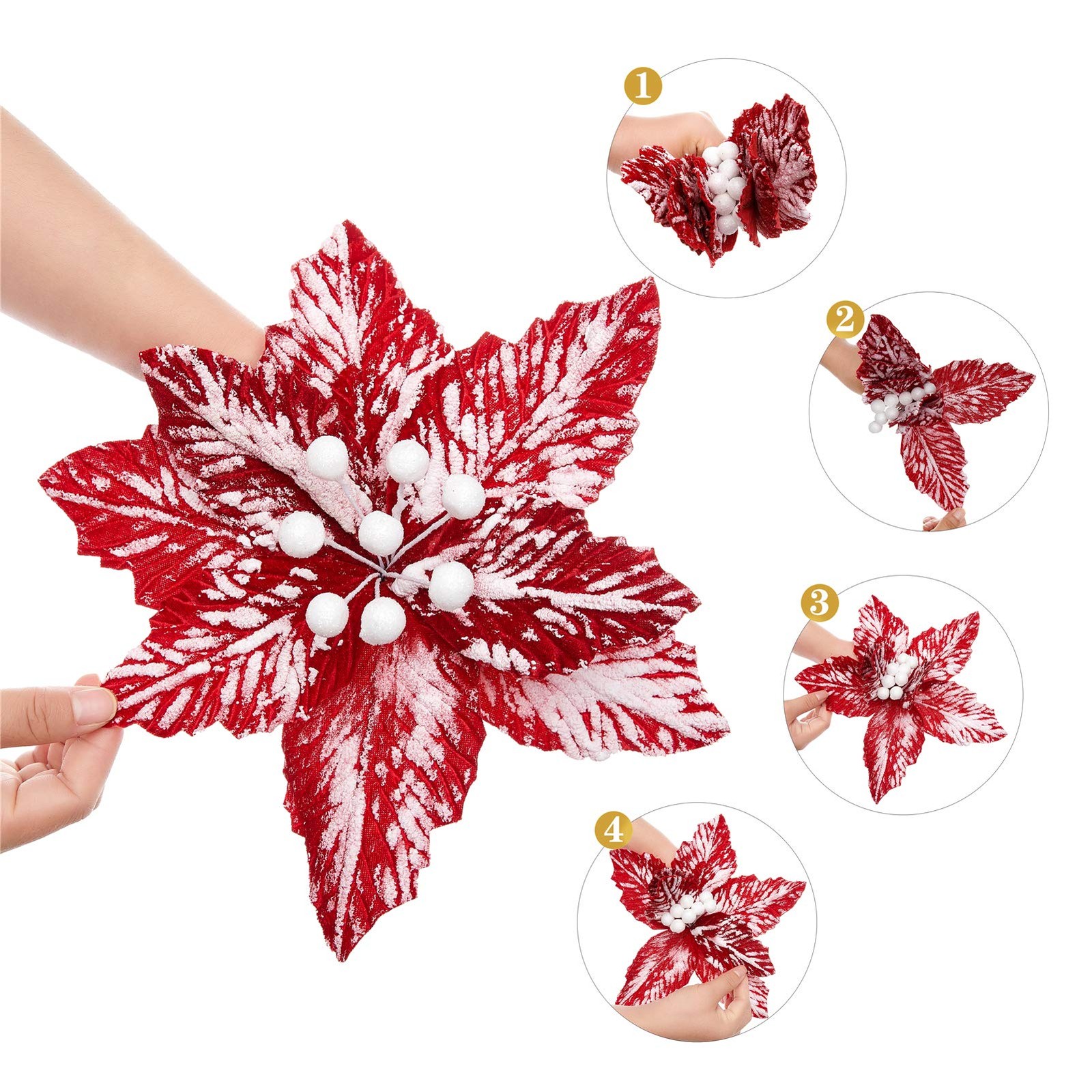 6 PCS Large Red White Christmas Poinsettia Picks Tree Glitter Flowers Decor