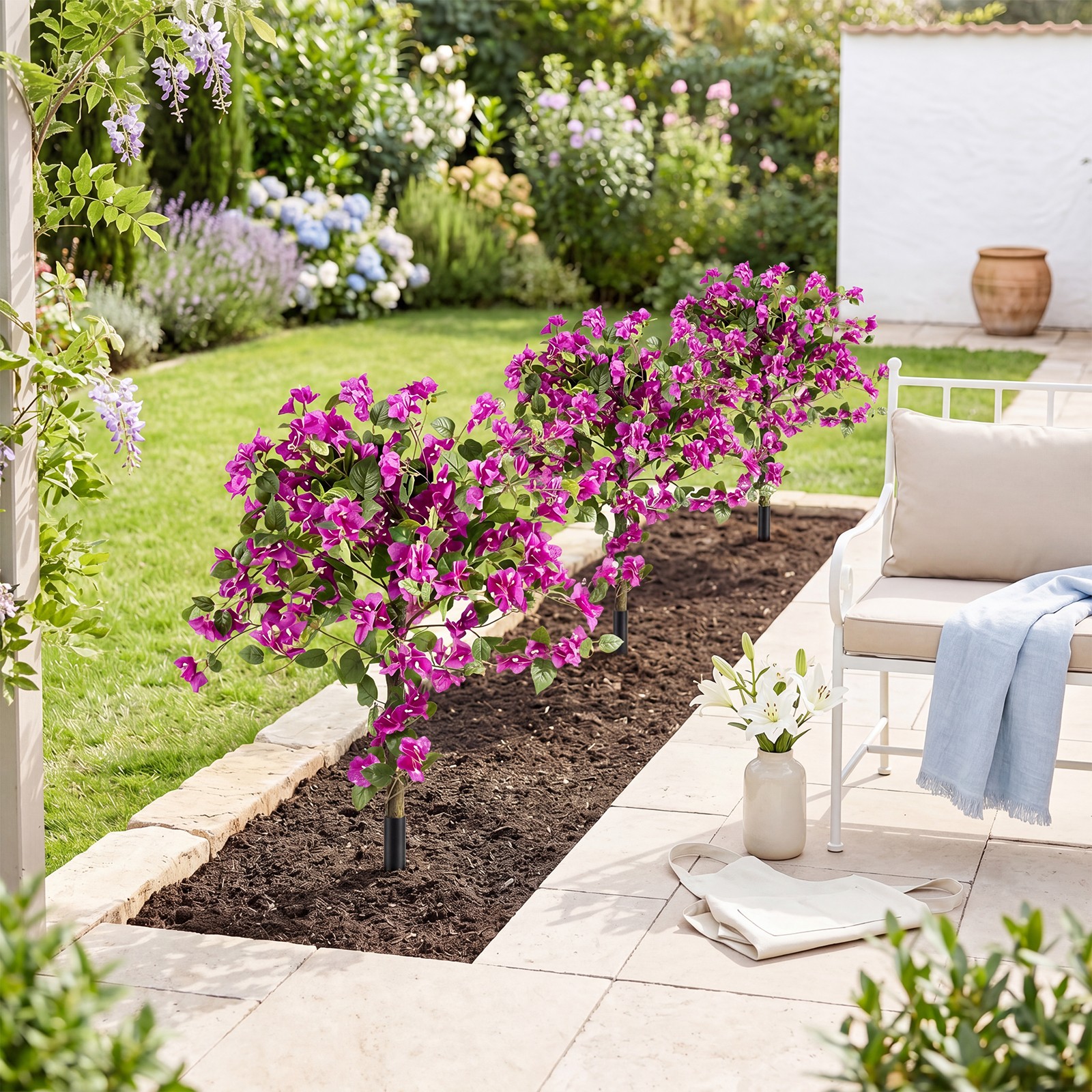 2 Pack Bougainvillea Artificial Trees w/Stable Ground Spike, PE Trunks for Porch