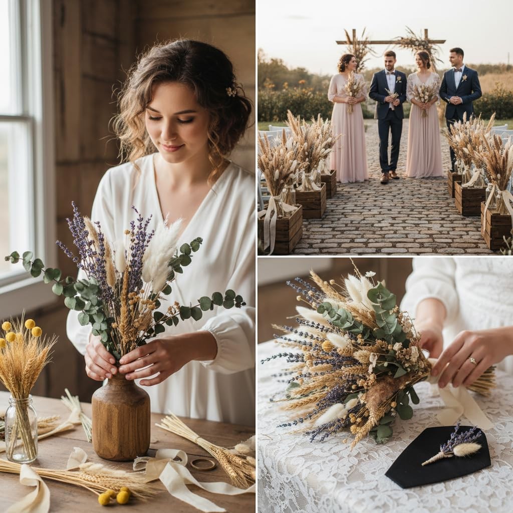 500PCS Dried Pampas Grass Bouquet – Boho Dried Flowers for Vase, White & Brow…