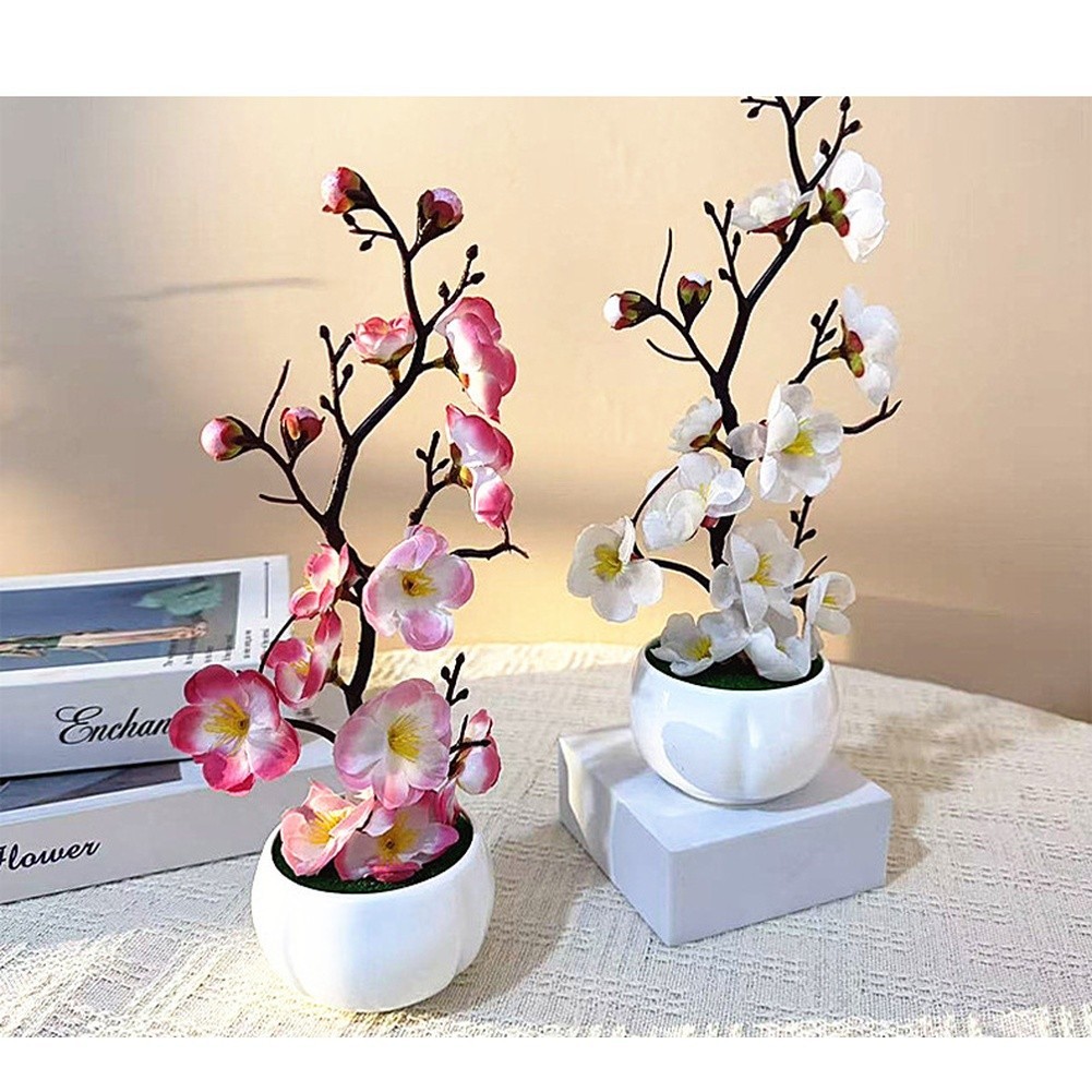 Artificial Plum Blossom Bonsai in White Cup for Living Room Bedroom Decor
