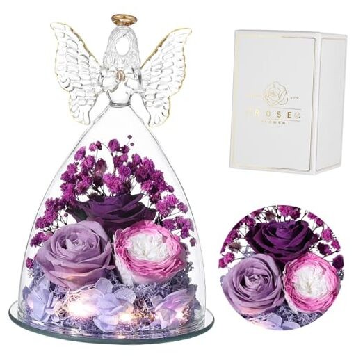 Christmas Rose Gifts for Women Preserved Real Flower in Glass Colorful Purple