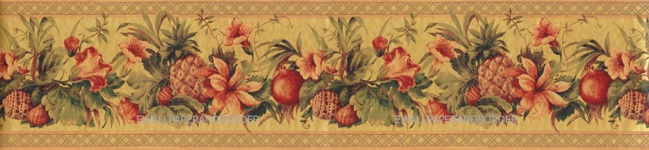 Tuscan Tuscany Kitchen Fruits and Floral with Thatch Trim Wallpaper Border -Gold