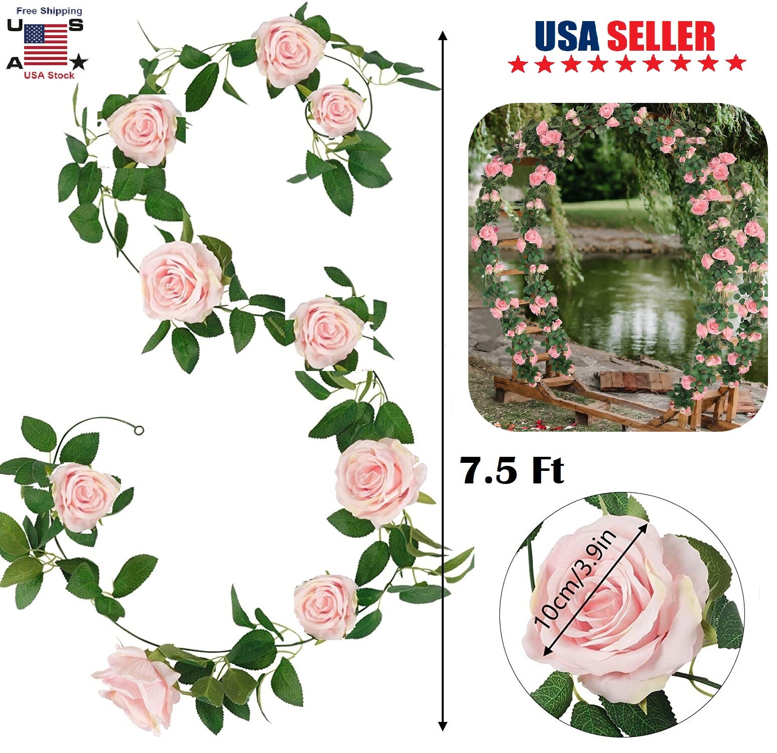 7.5 Ft Garland Wall Silk Artificial Hanging Rose Flower Vine Wedding Decor Pink