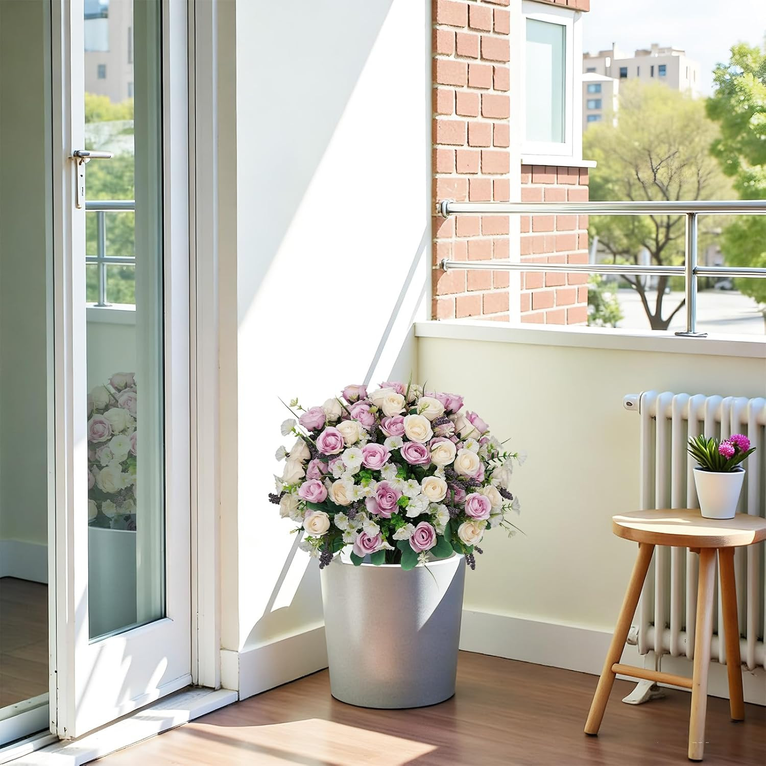 24″ Artificial Outdoor Flowers Set of 2, Faux Rose with Eucalyptus Plants in Cem