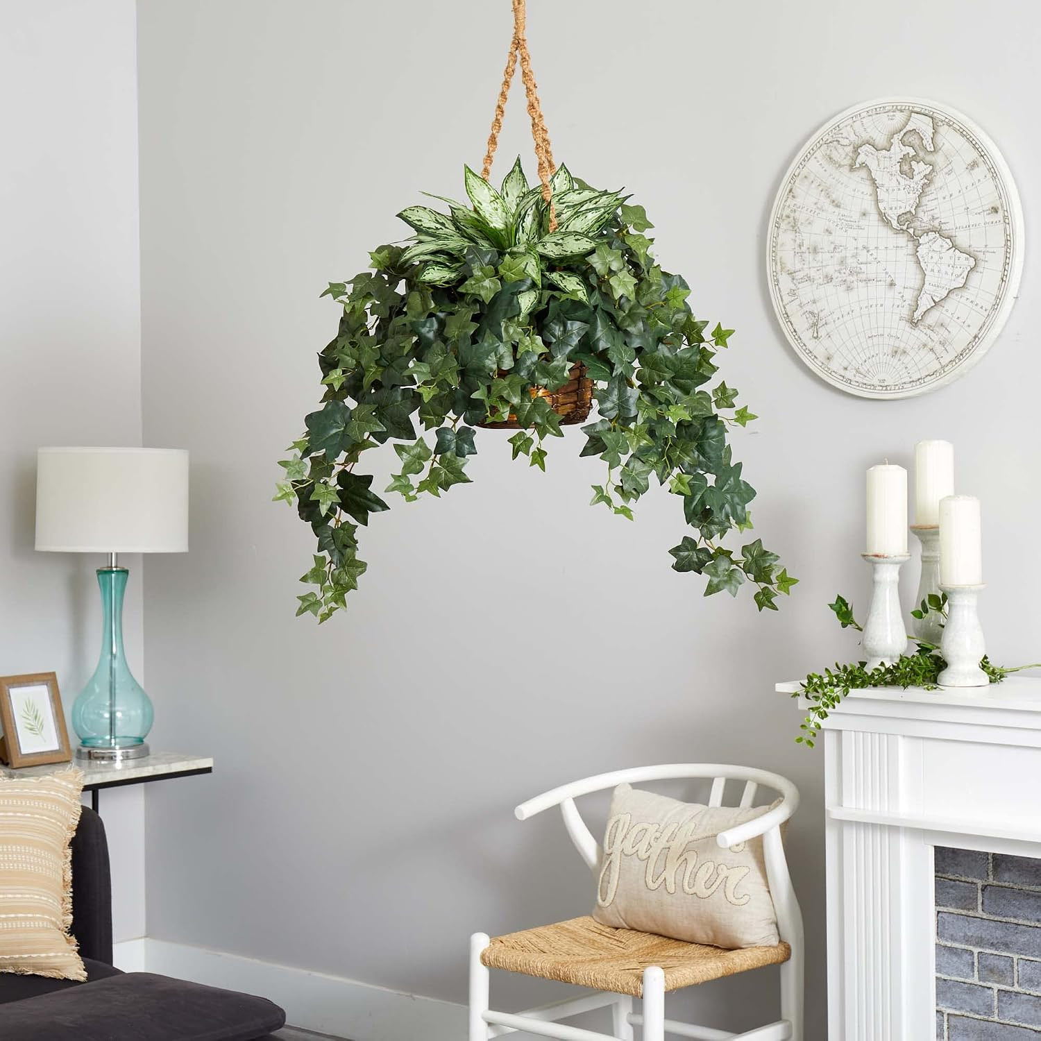 30In. Silver Queen and Ivy Artificial Plant in Hanging Basket