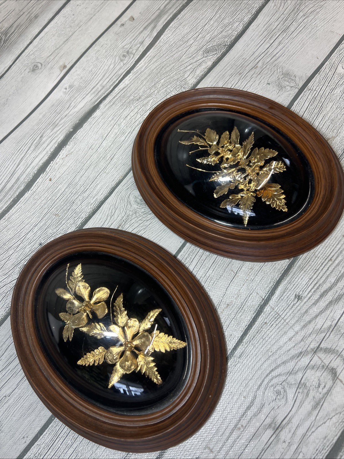Flora Hawaii 24K Gold Encased Orchid Fern Art Dome Glass WoodFrame VTG Pair
