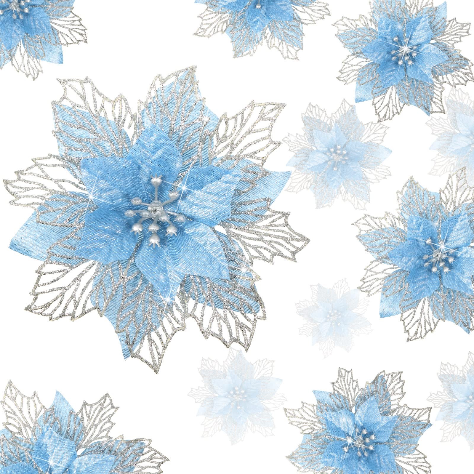 24 Pieces Happy New Year Glitter Poinsettia Flowers Blue Tree Ornament Decor
