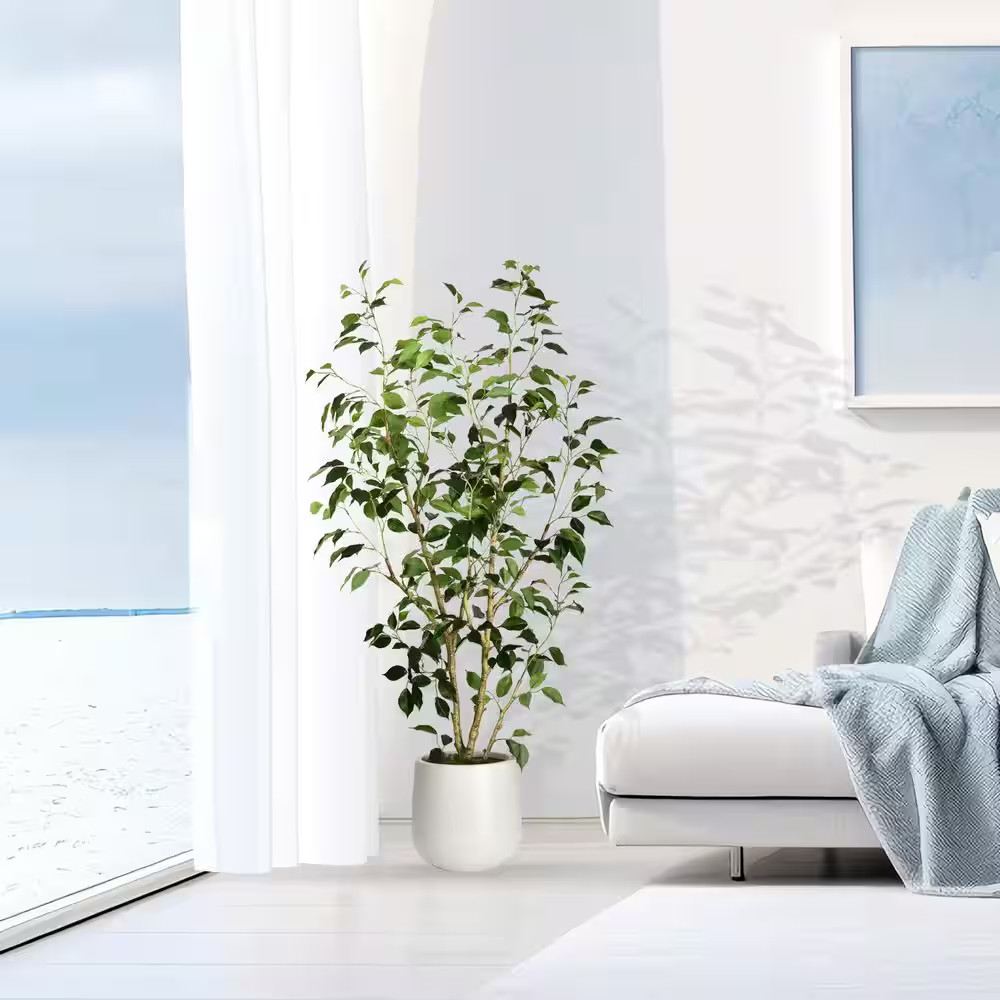5 Ft. Artificial Ficus Tree in White Decor Pot, Faux Green Plant Indoor Home Dec