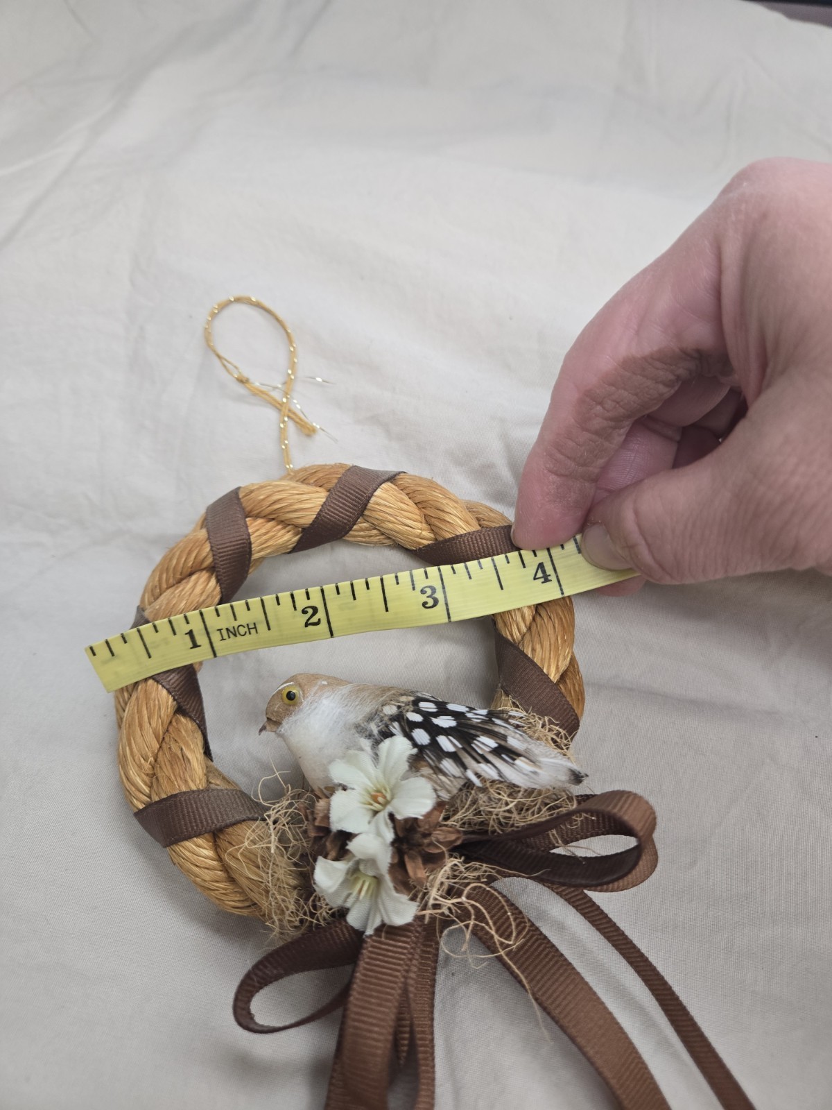 Vintage 4″ Handmade Wreath Decor Ornament~Bird Made W/Real Feathers~Cottagecore