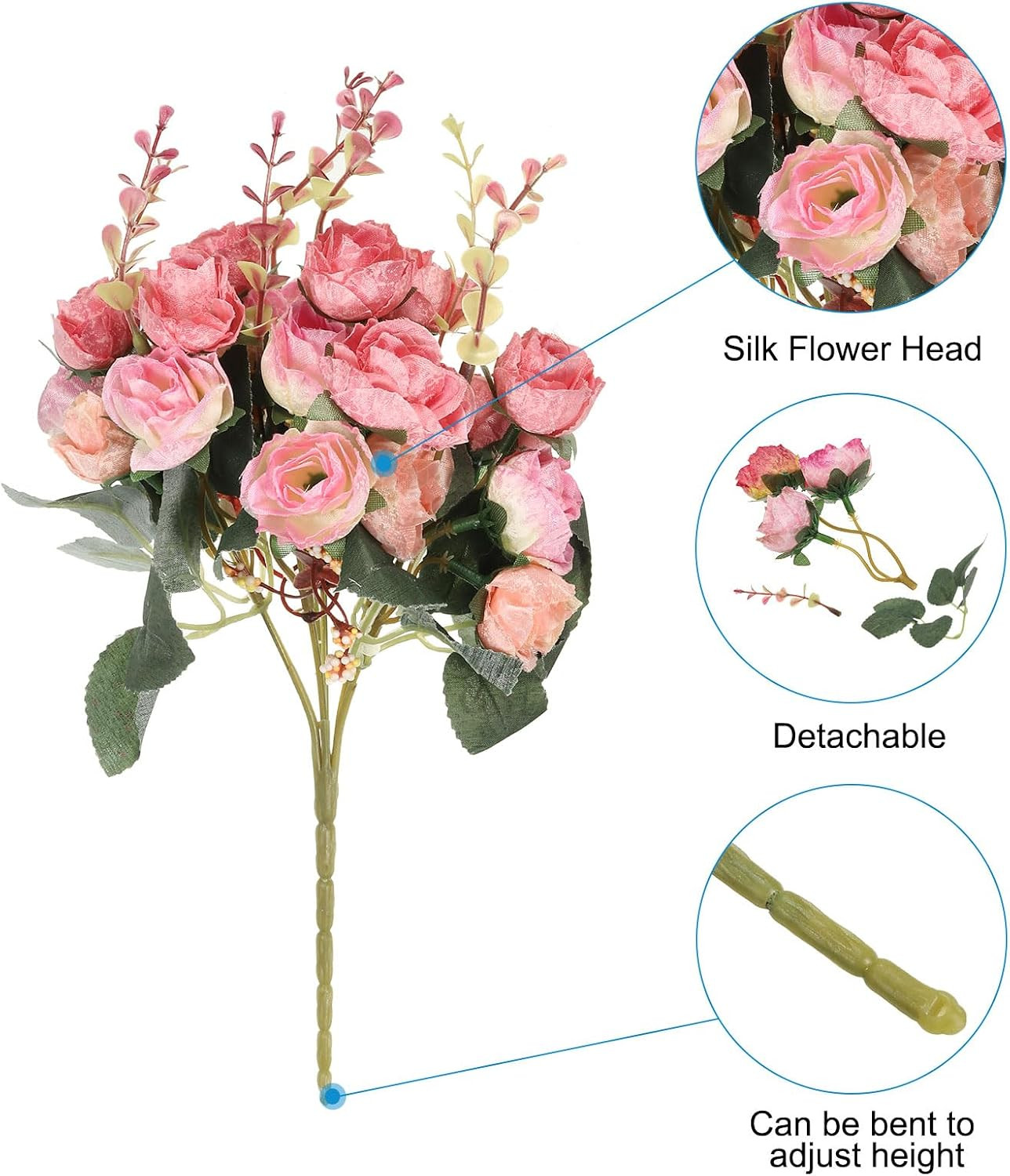 7 Branch 21 Heads Artificial Silk Mini Rose with Stem, 4 Pack Fake Flowers Leaf