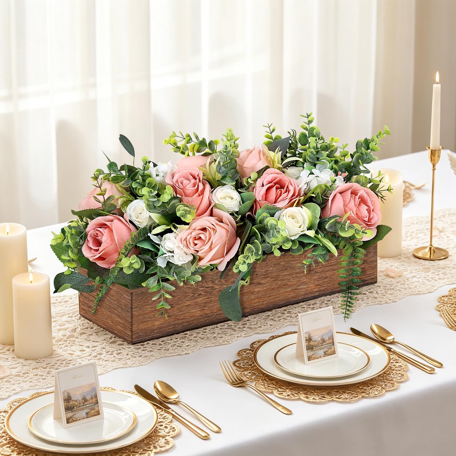 Artificial Dusty Rose Pink Table Centerpieces Wood Tray White Cream Wedding