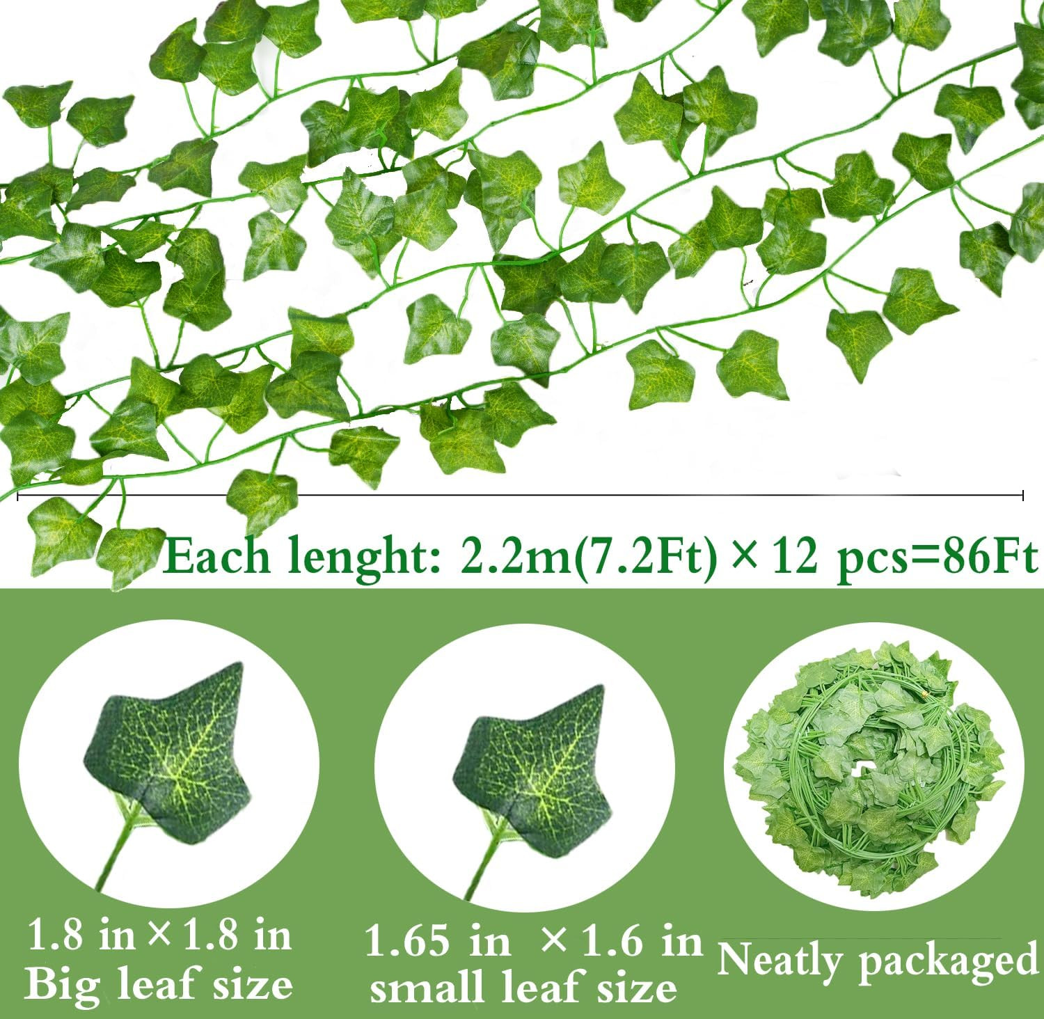 12 Pack 84Ft Artificial Ivy Garland Fake Plants, Fake Ivy Leaves Greener