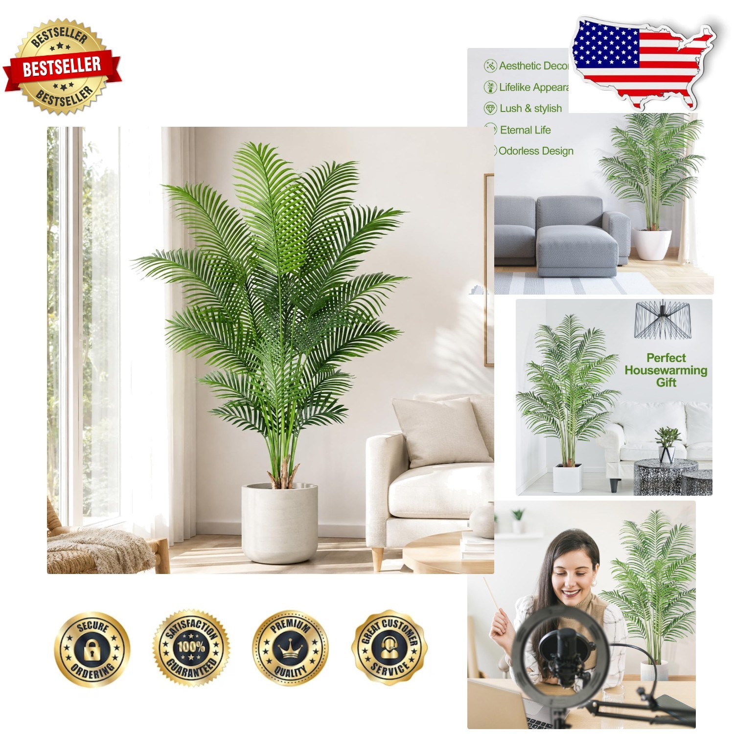6ft Areca Palm Tree 18 Trunks Adjustable Real Bark Pot