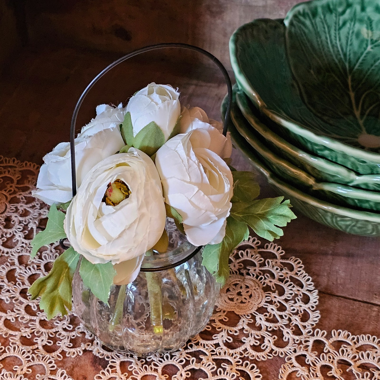 White Ranunculus in a Vase with fake water, Spring Tabletop Decor, Artificial