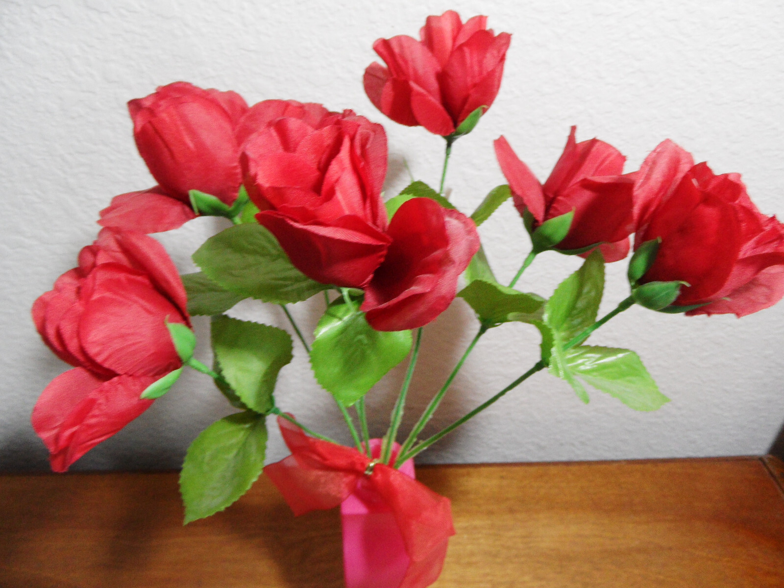 Valentine Artificial Red Bud Rose Bushes in Pink IKEA Vase with red Bow