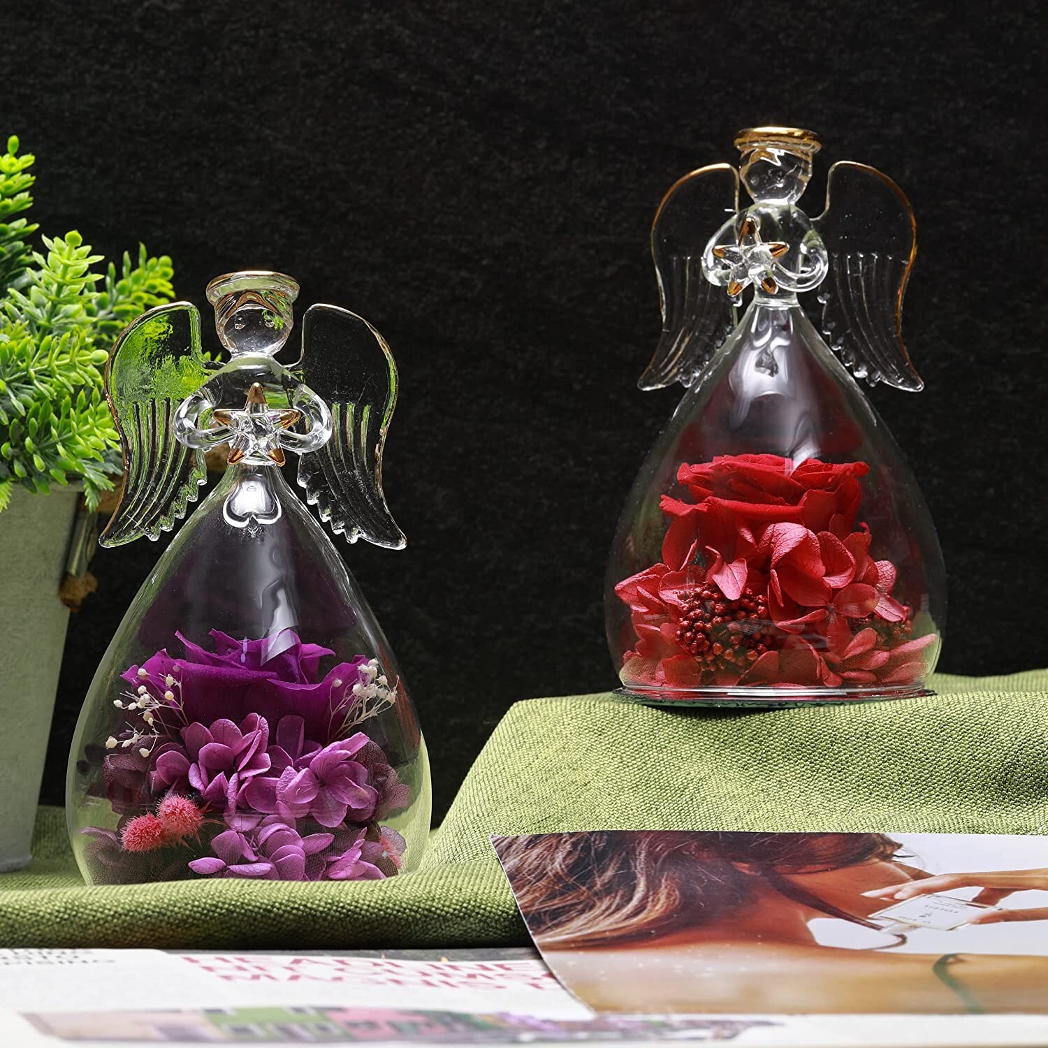 Preserved Purple Rose Christmas Birthday Gift Glass Angel For Women Wife Mom