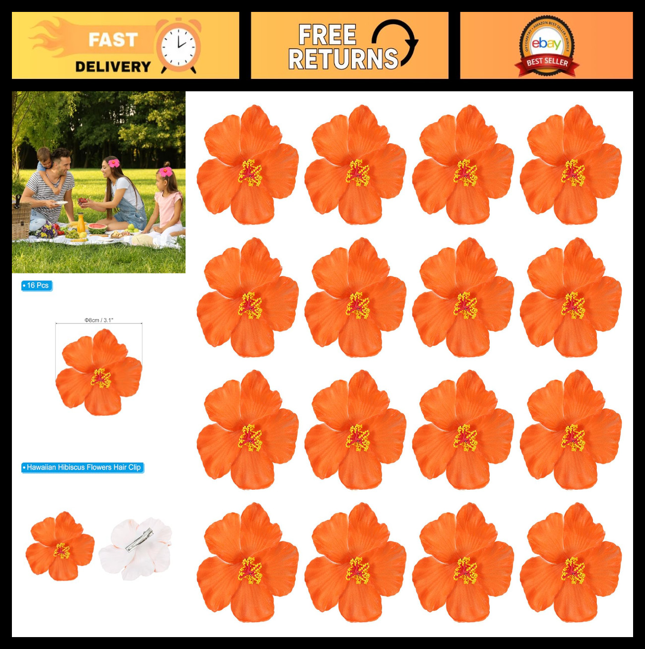 16 Pack Artificial Hawaiian Hibiscus Flowers Clips – Foam DIY Decor, Party Favor