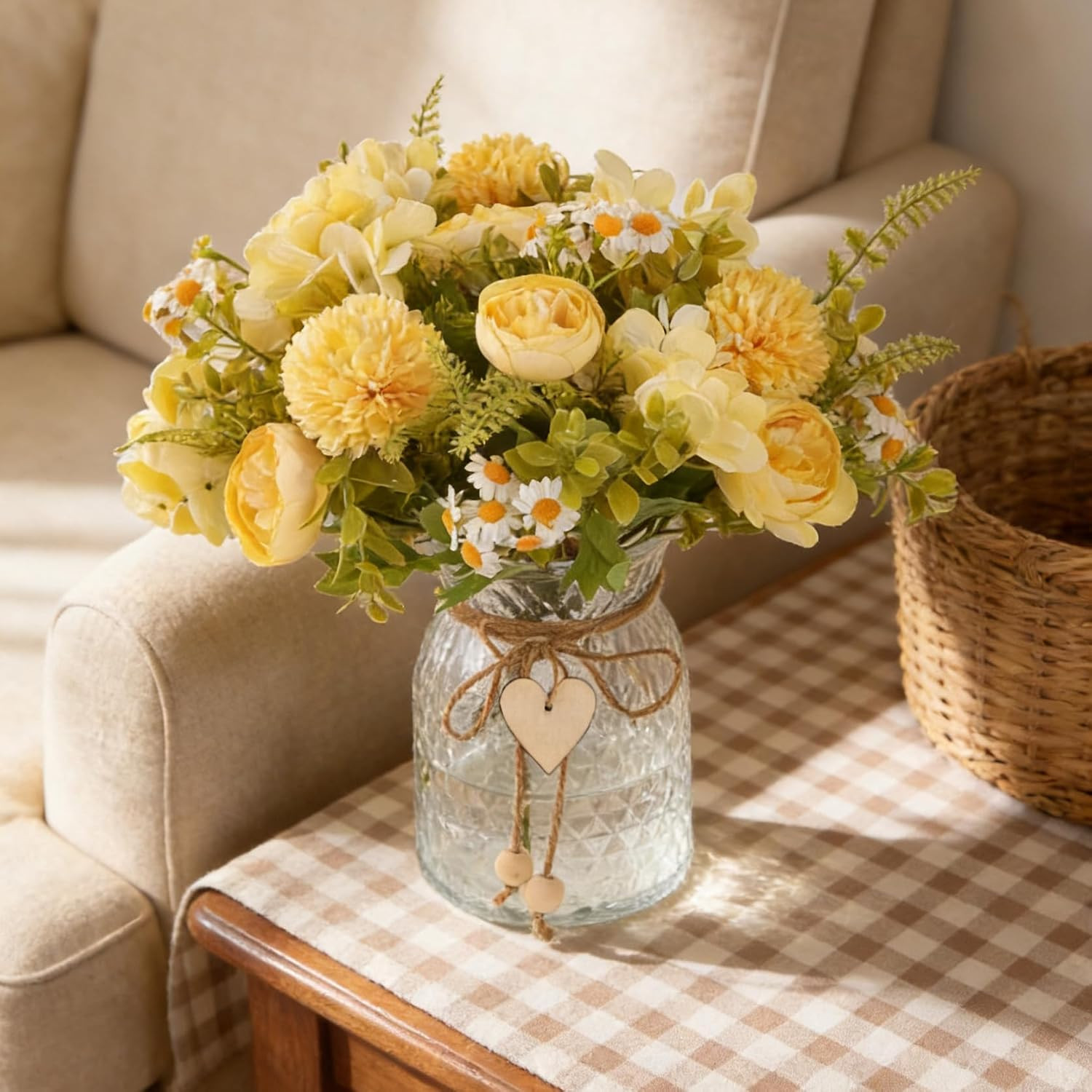 Yellow Faux Flower Arrangement with Vase – Silk Peony & Hydrangeas Centerpiece