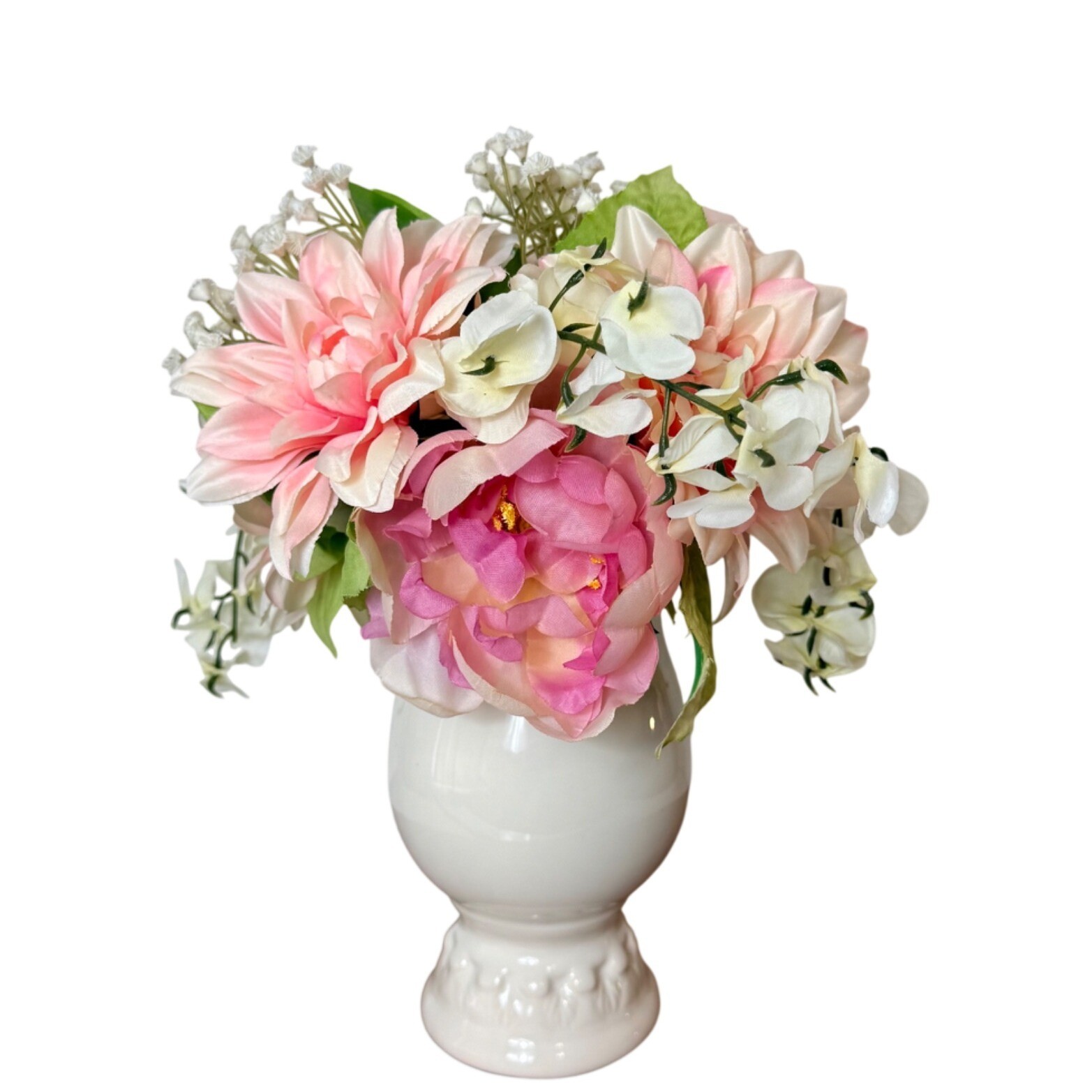 Vintage Faux Floral Arrangement White Ceramic Pedestal Vase Pink Peonies Decor