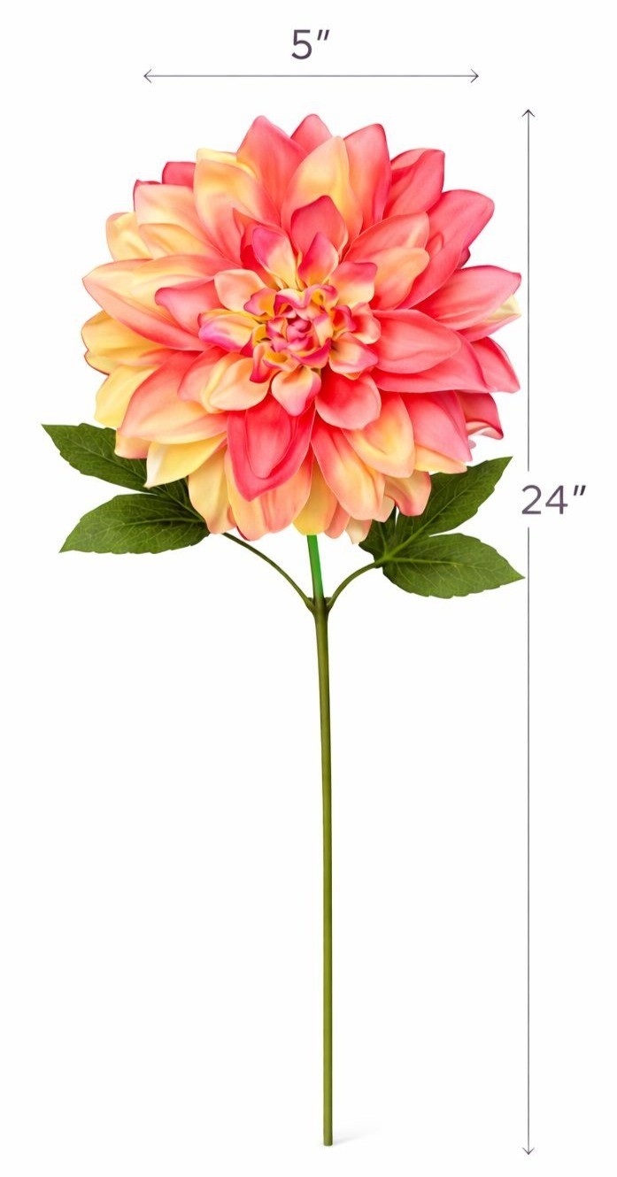 Coral Dahlia Stem Faux Flower 24 Inch 5 Inch Bloom Coral Yellow Artificial Dahli