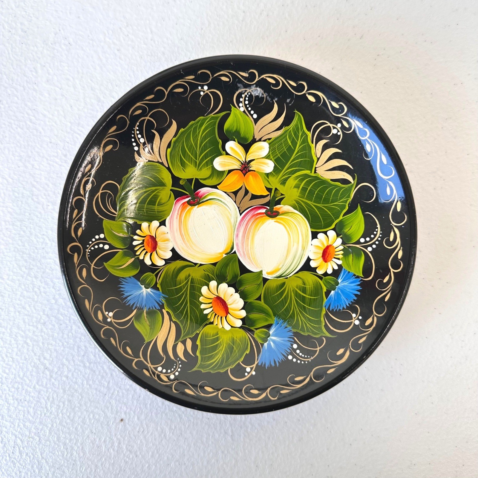 Vintage Russian Zhostovo Plate Wall Decor Handpainted Floral Folk Art