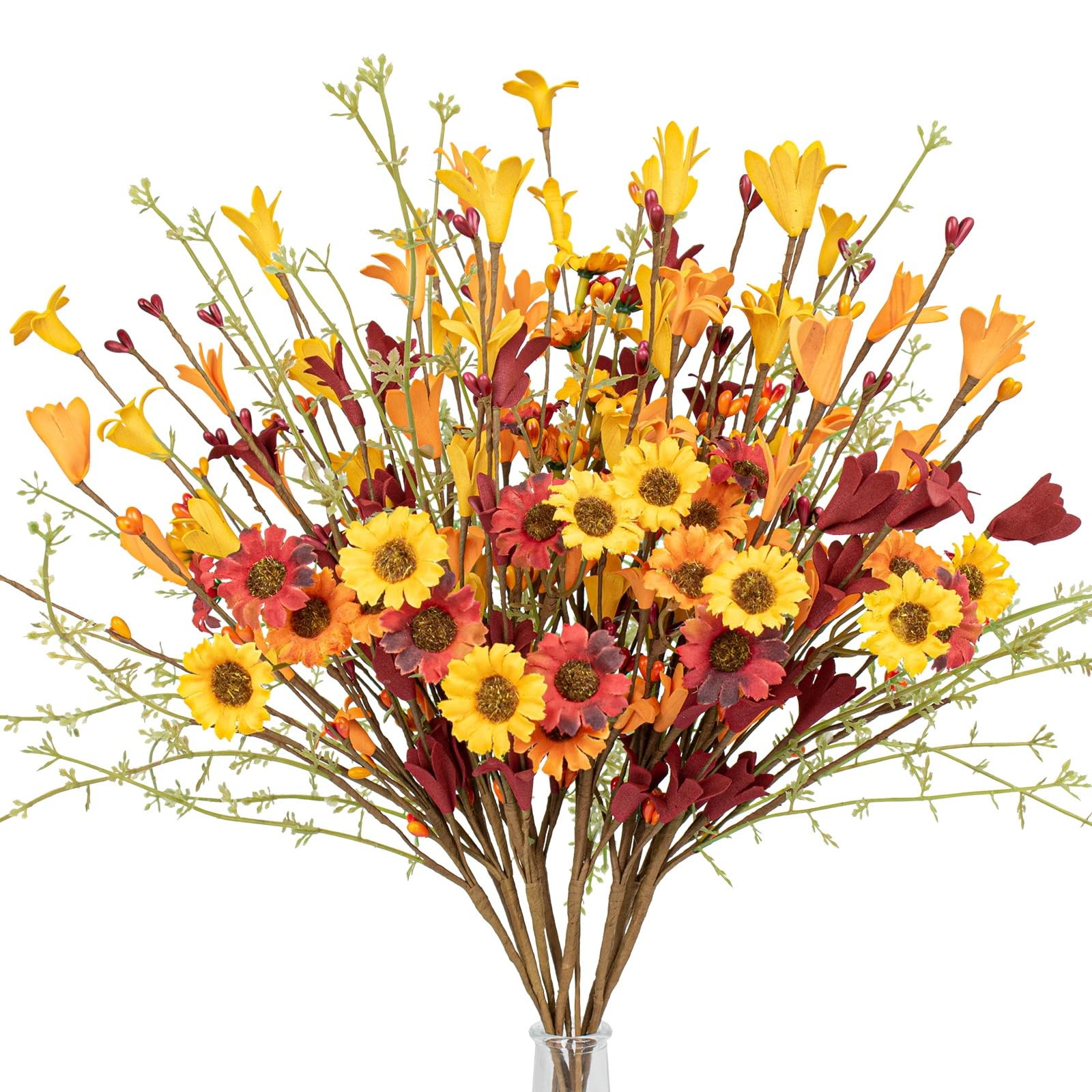 Artificial Fall Flowers 12 Pack Floral Picks 17″ Tall Forsythia Stems with Be…