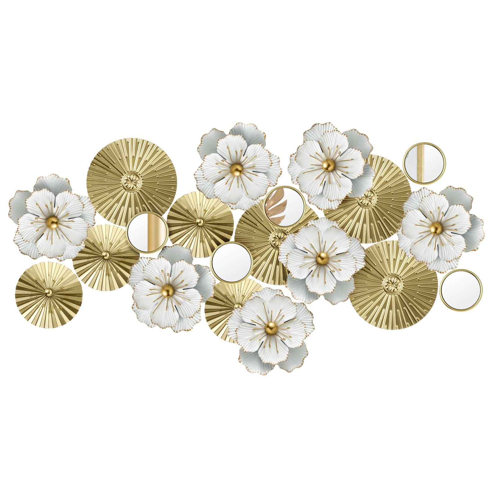 Briwooody Metal Flower Wall Decor Ivory Plates Mirror Flower, Gold