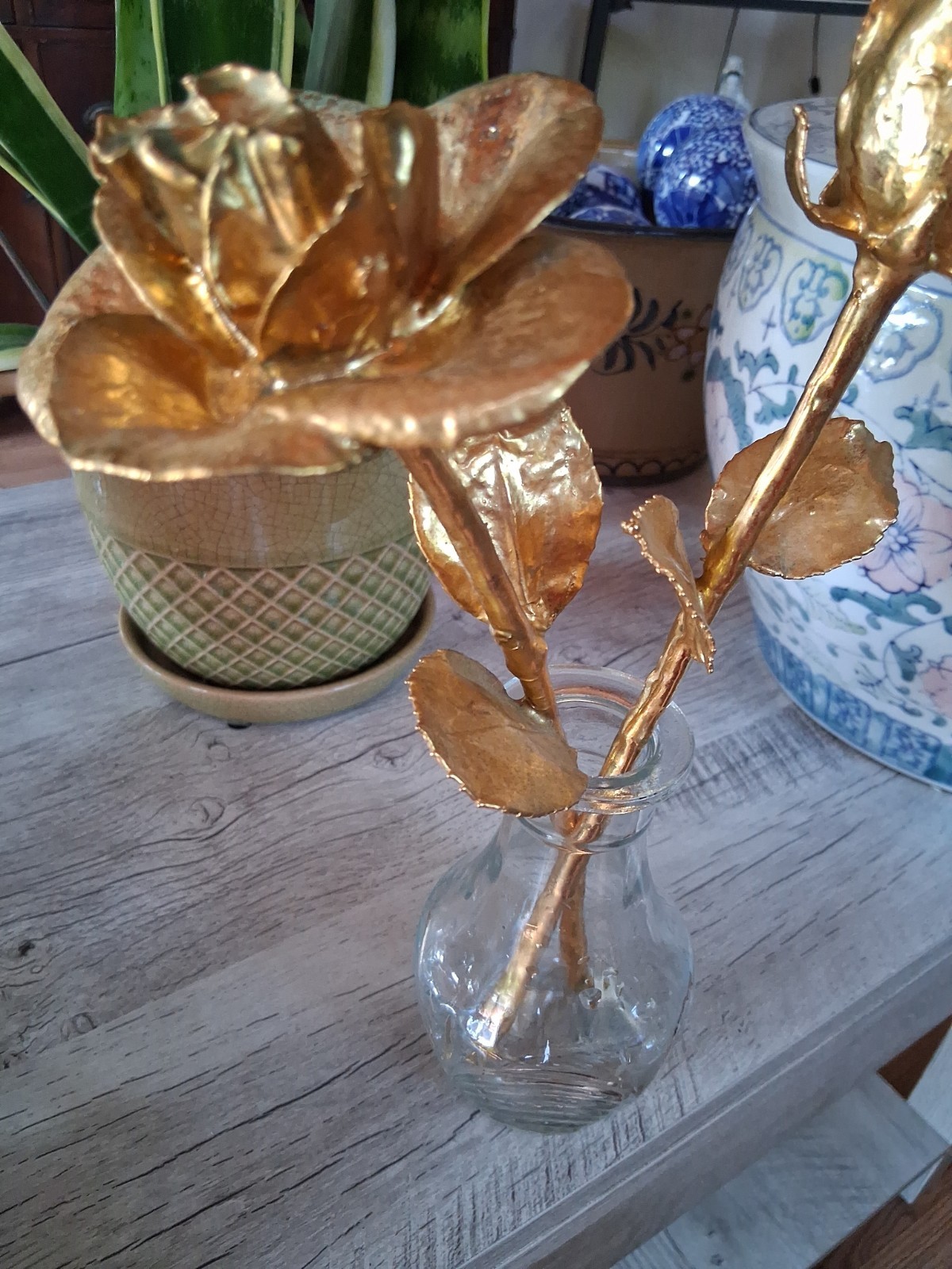 2 Gorgeous 12″ Stem Roses Dipped Gold Rose Real Plated Preserved Roses In Vase