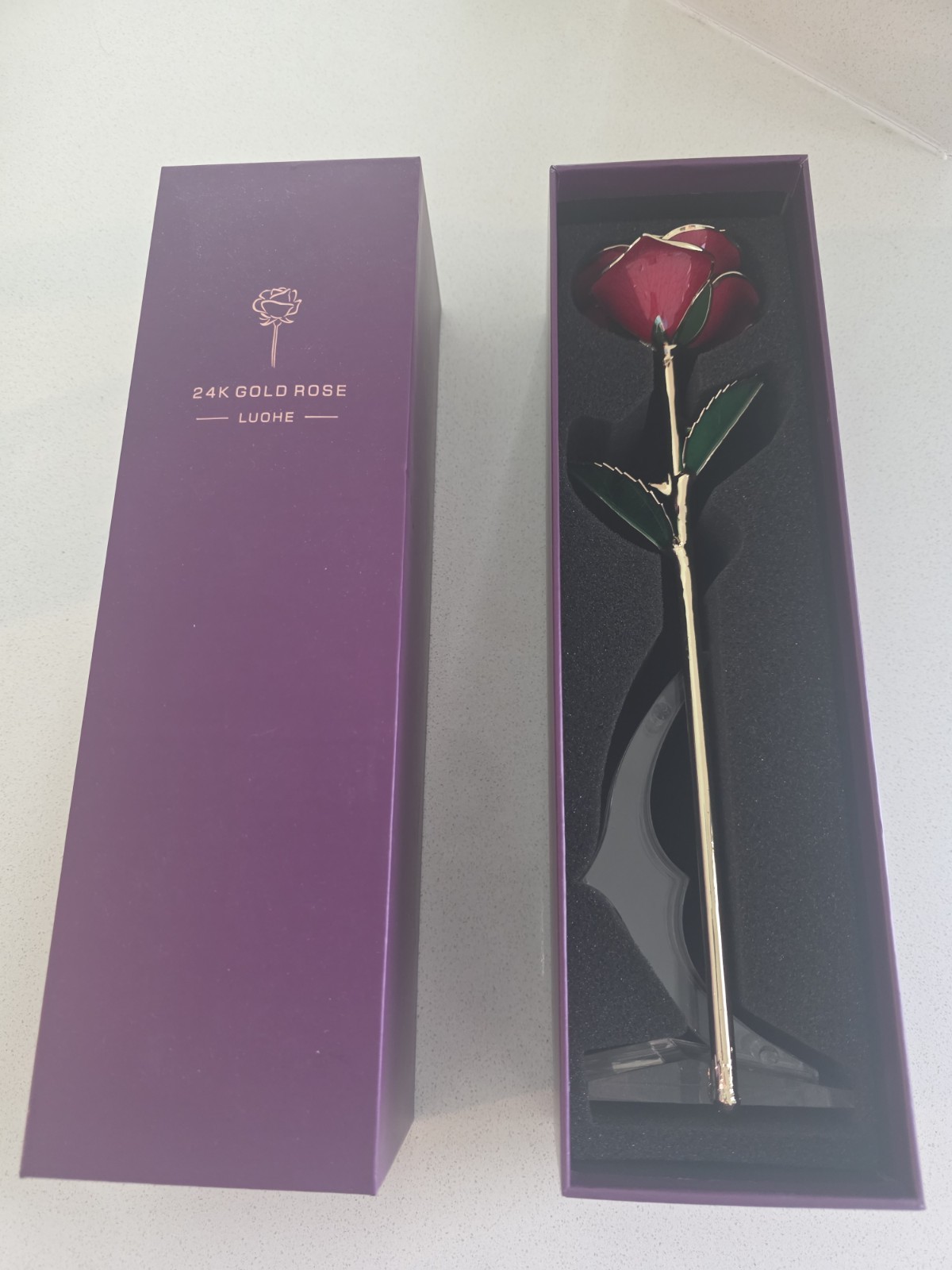 RED ROSE – Luohe, Real Preserved, Dipped in Gold, Long Stem, New In Open Box