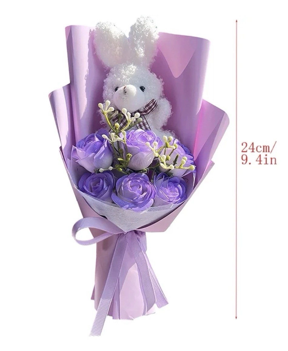Bunny Bouquet,Stuffed Animal with Artificial Rose Flower Bouquet- Purple NEW