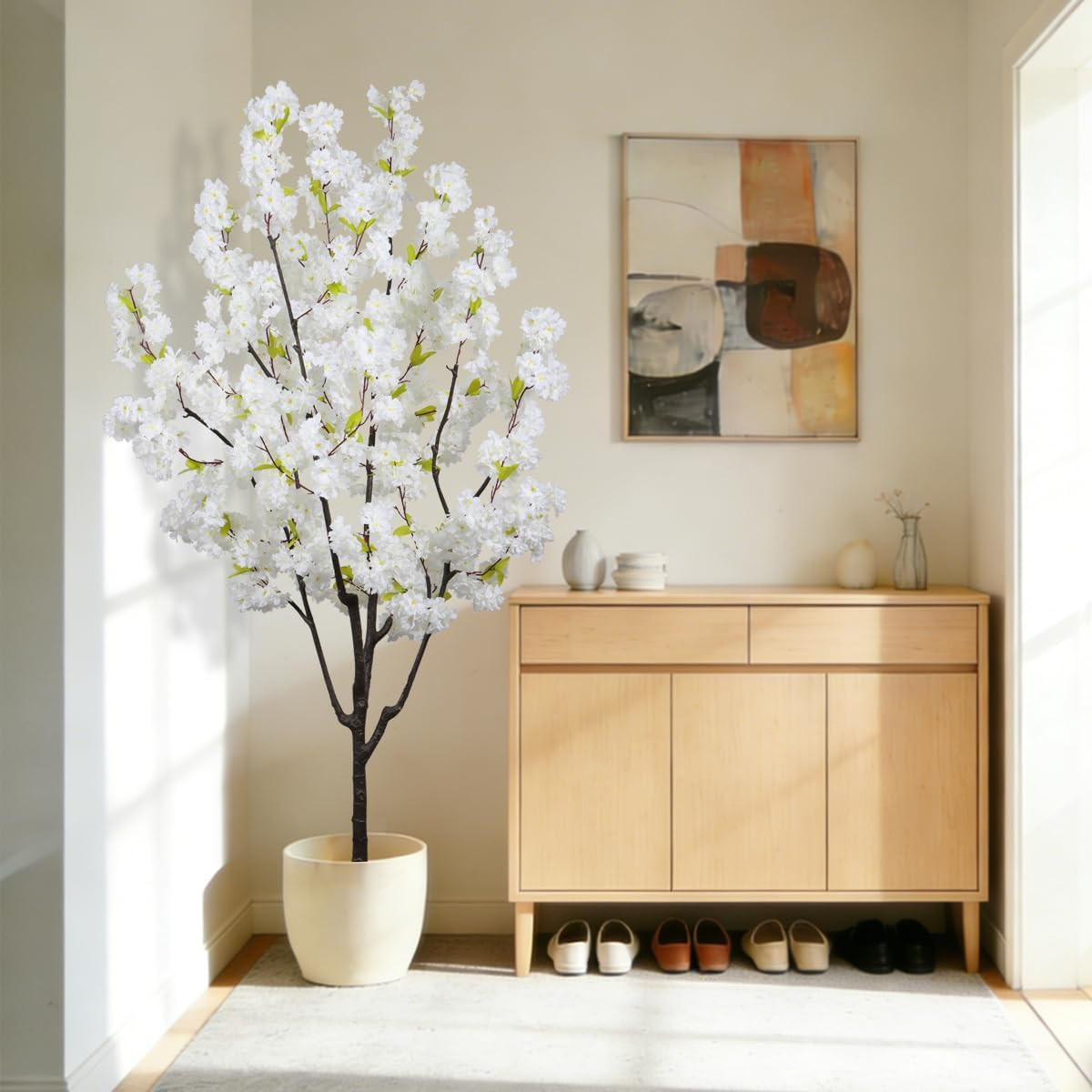 6FT Artificial White Cherry Blossom Tree – Elegant Faux Floral Decor