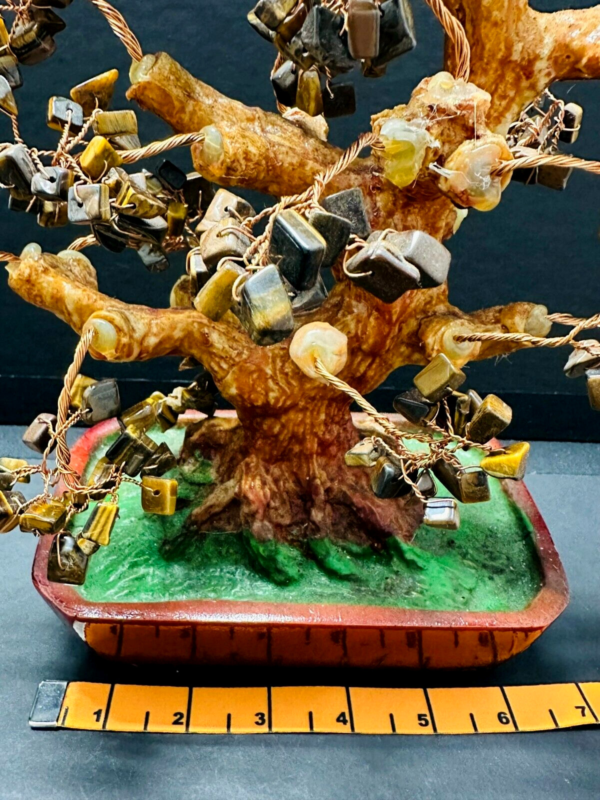 💕Vintage Twisted Copper Wire Bonsai Tyger Eyes Gemstone Tree Ceramic Pot 10″