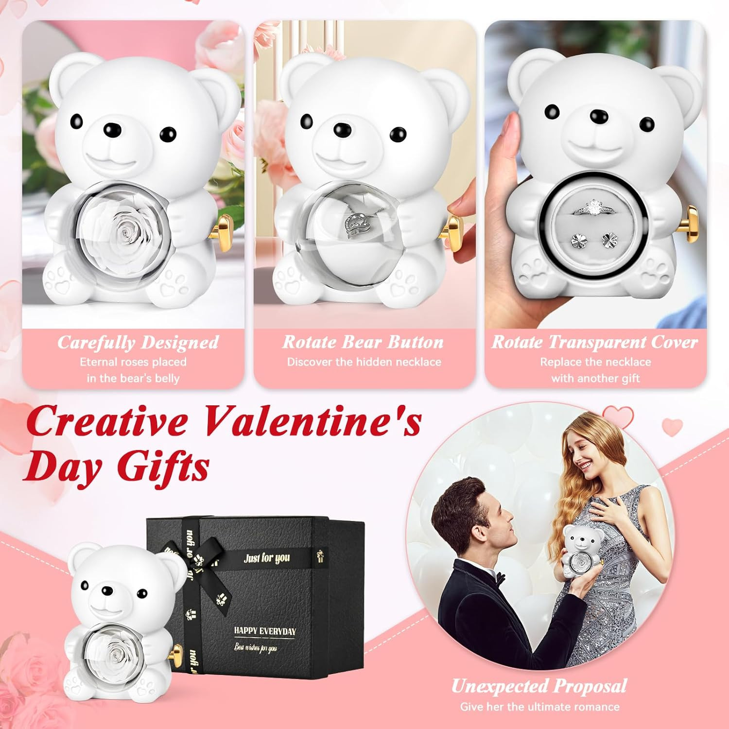 White Teddy Bear Preserved Real Rose Necklace Jewelry Box Gift for Her Valentine