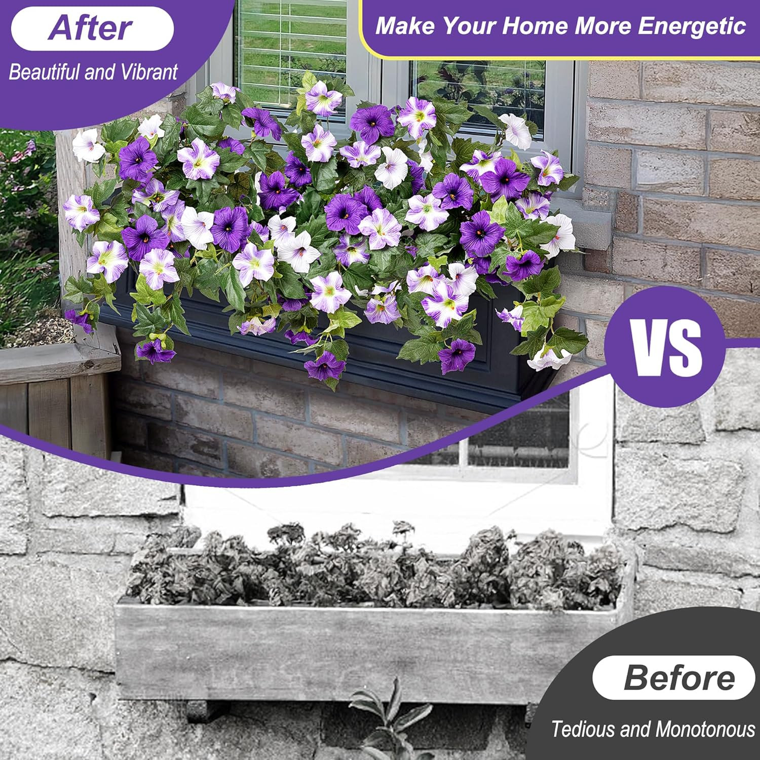 Artificial Faux Petunias Flowers 2PCS UV Resistant for Outdoor Purple White