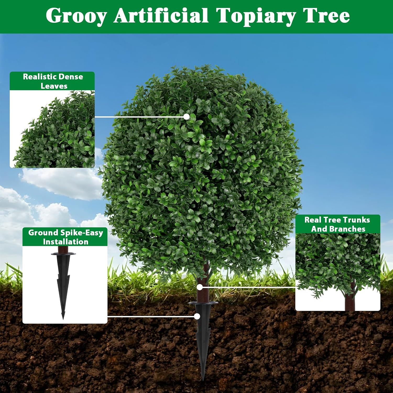 Artificial 27.5 Inches Boxwood Topiary Ball Tree with Ground Spike, Set of 2 Art