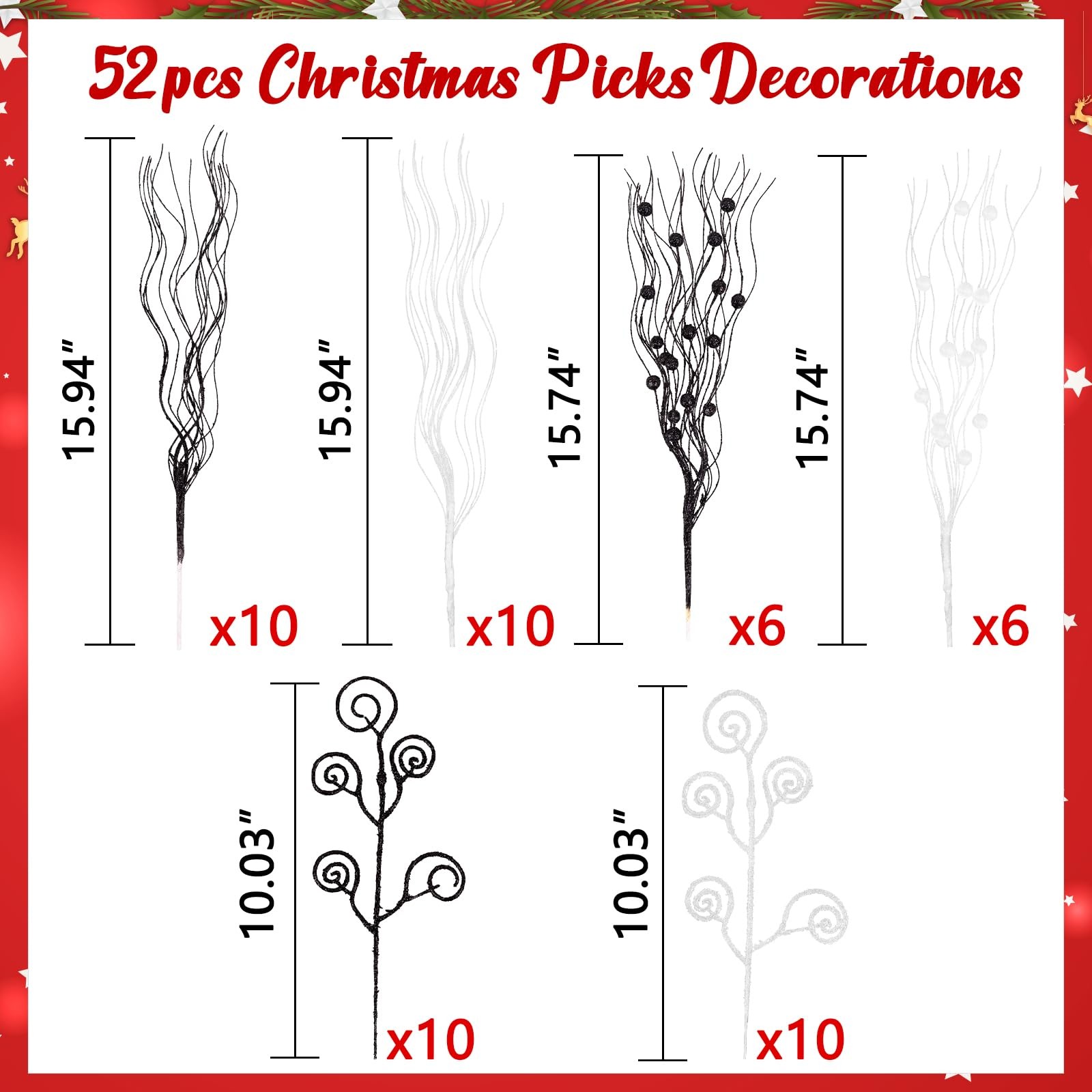 52Pcs Christmas Tree Decorations Black White Artificial Glitter Picks Sprays …