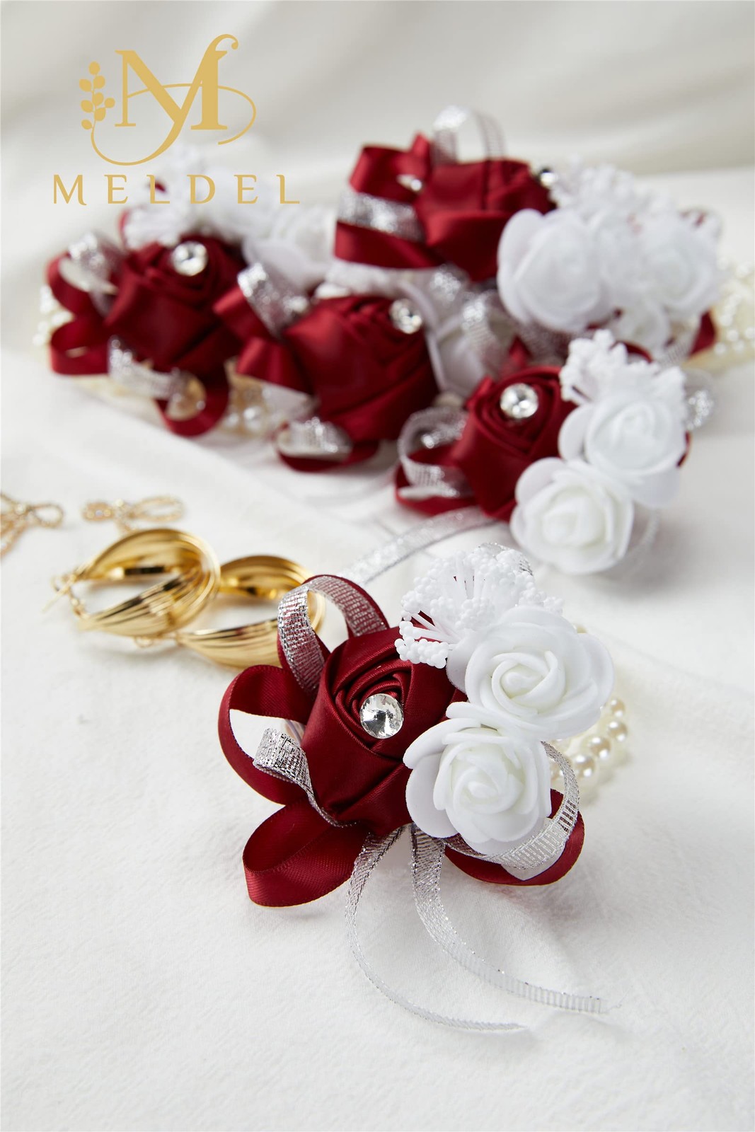 4 PCS Burgundy Wrist Corsage Wedding Rose Wine Red Set For Prom Bridal