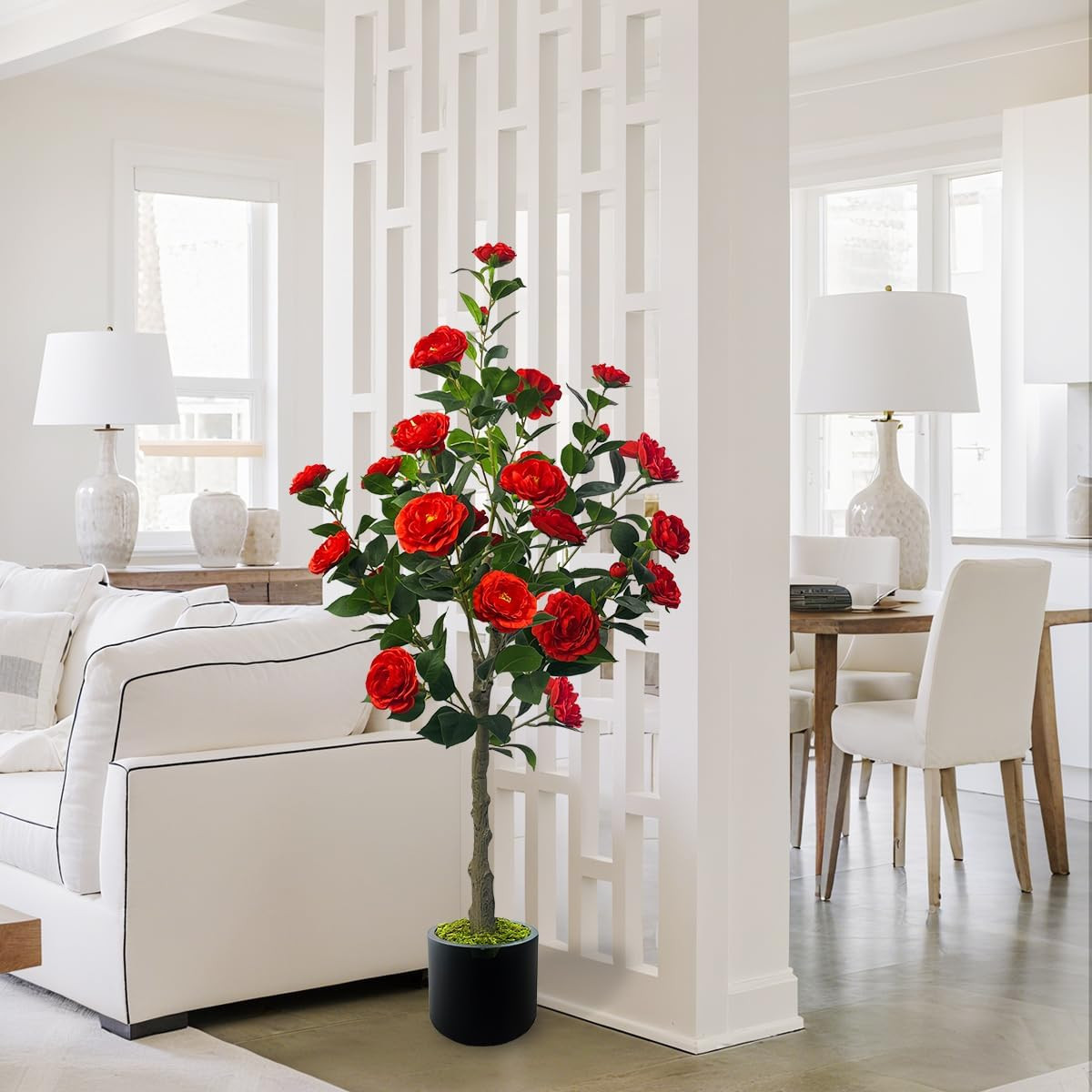 48” Red Flower Artificial Camellia Tree – 2 Pack Faux Silk Plants for Home Deco