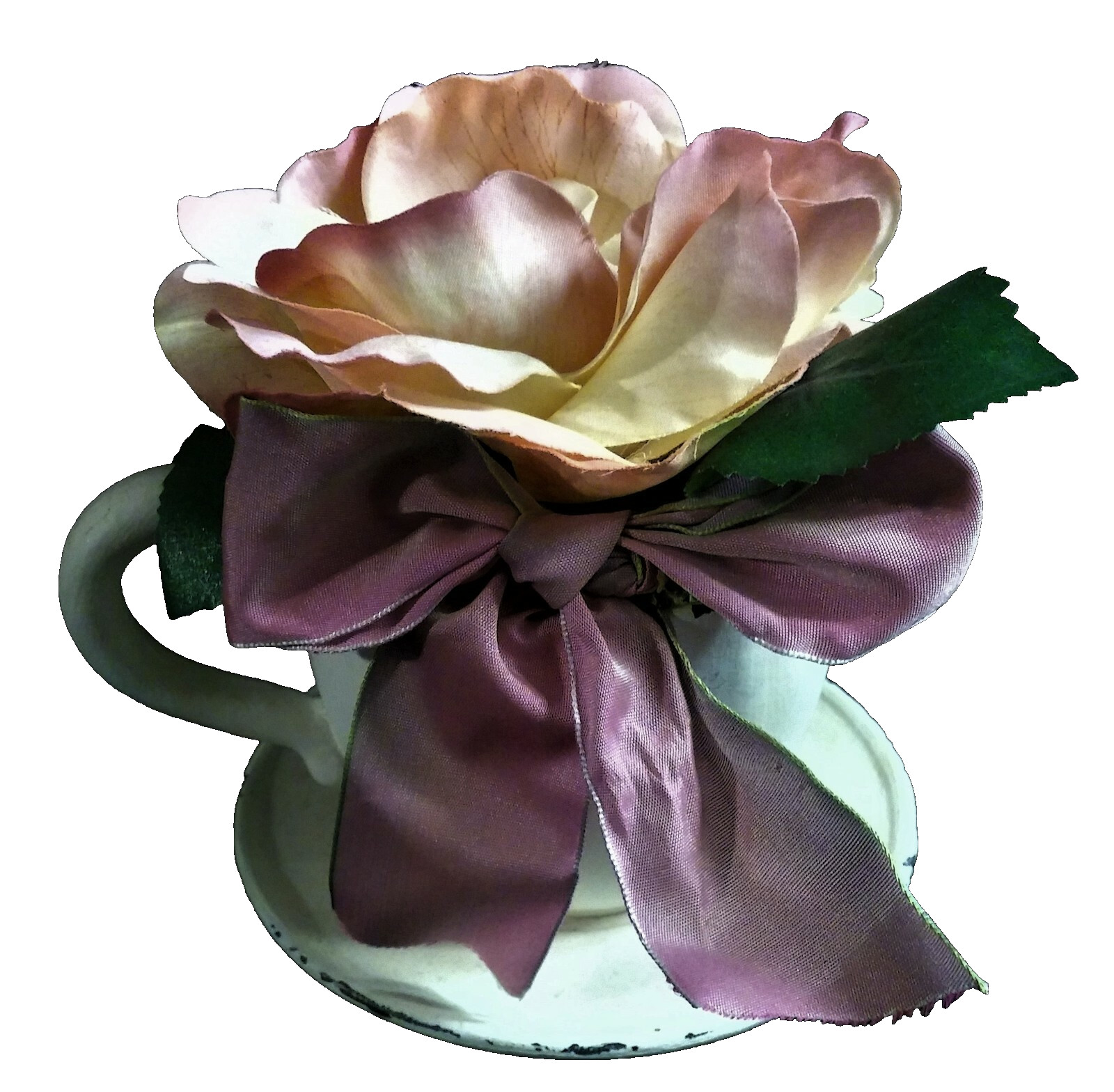 EUC Pink Rose w/Leaves in Distressed White Cup & Saucer, Fuchsia Ribbon, 5″ Tall