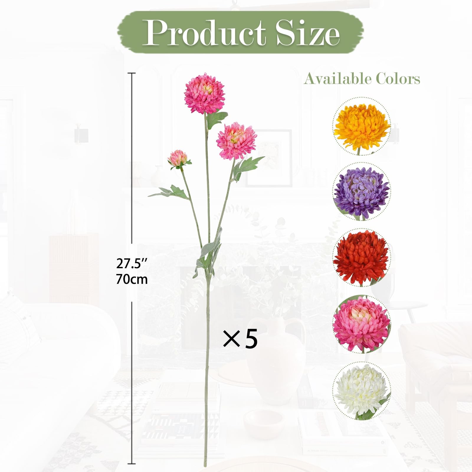 5PCS Artificial Chrysanthemum Flowers – 27.5” Tall Faux Mums Floral Stems Pi…