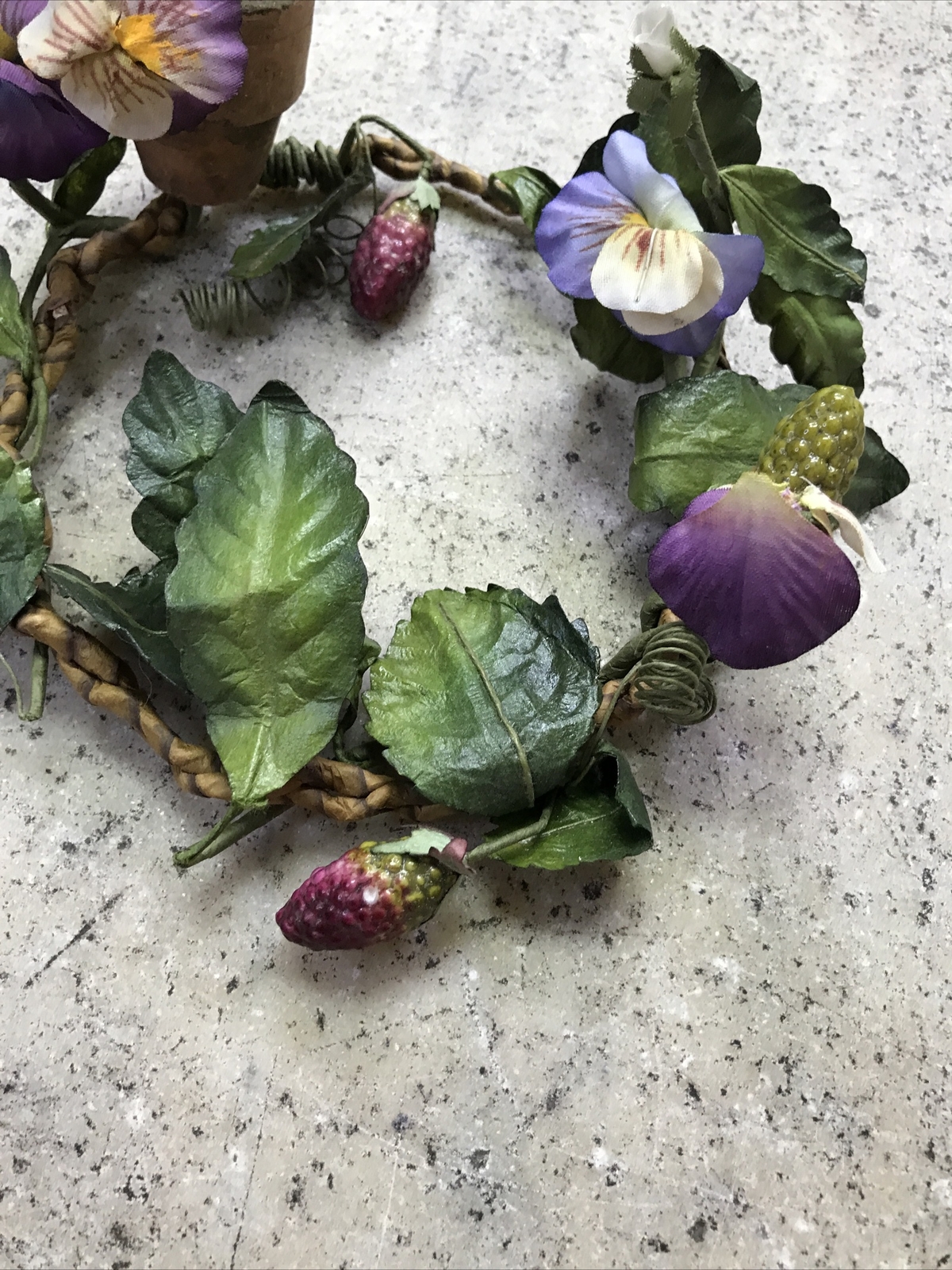 Vintage Spring Summer Purple PANSY CANDLE RING Floral Wreath 6” – Fast Ship!