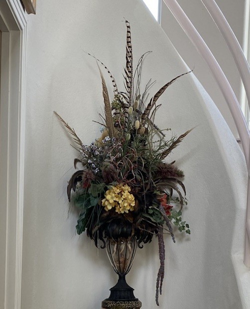 XL Custom Designer Muted Floral Arrangement W Pheasant Feathers, Silk & Dried
