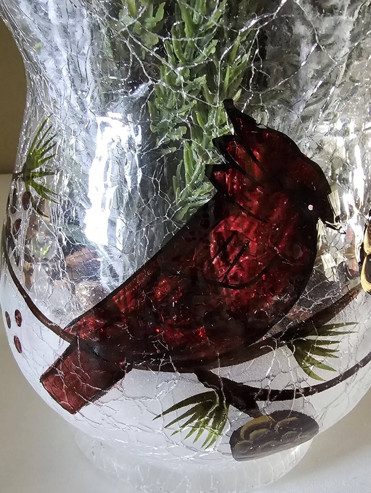 Faux Floral Arrangement Centerpiece In Cracked Glass Vase With Painted Cardinal