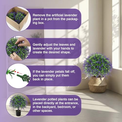2 Pcs Artificial Lavender Topiary Ball Trees Potted Plants, UV Medium Purple