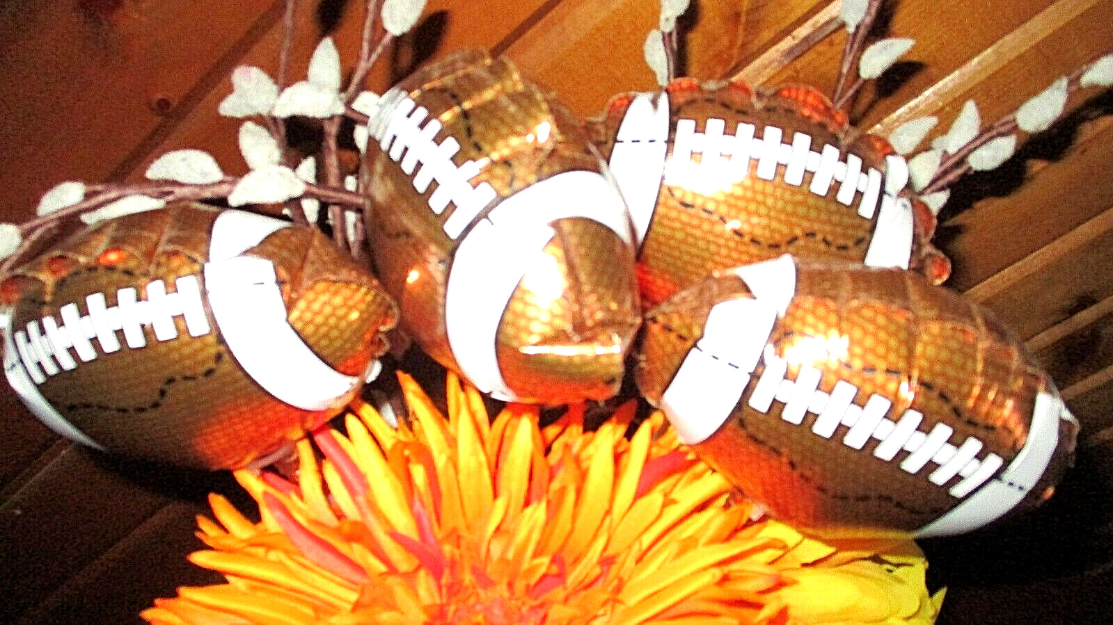18″ FOOTBALL Autumn Faux PUSSY WILLOWS Orange Yellow FLORAL Hoosier Glass VASE