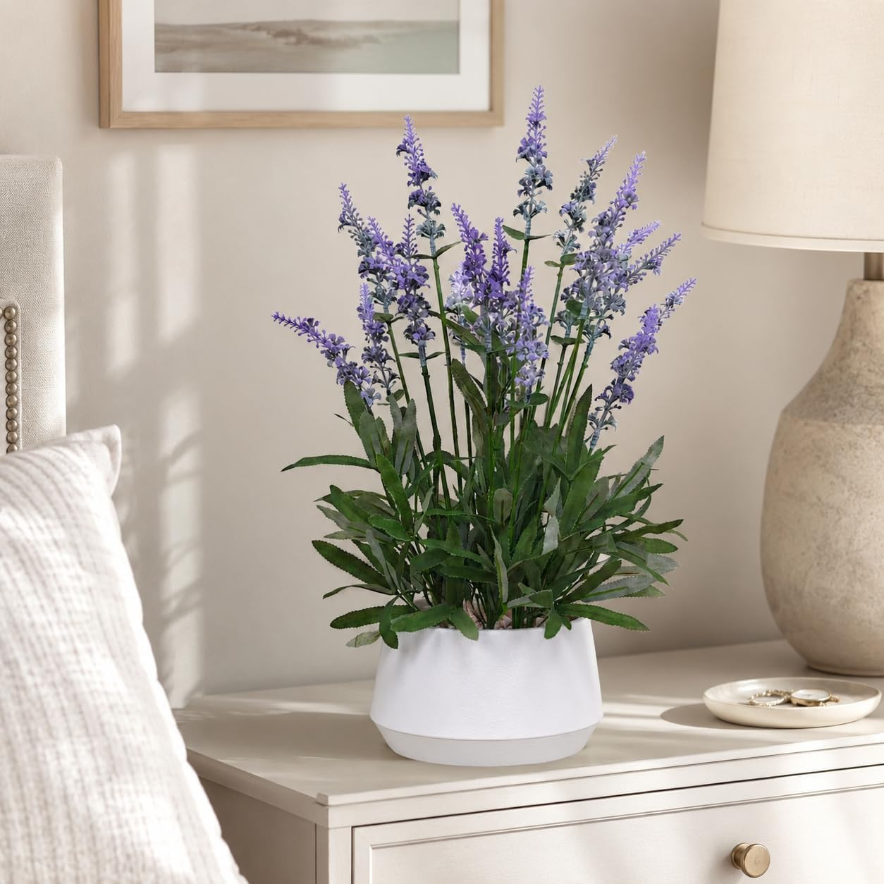 18″ Artificial Lavender Plant in White Pot – Realistic Home Decor