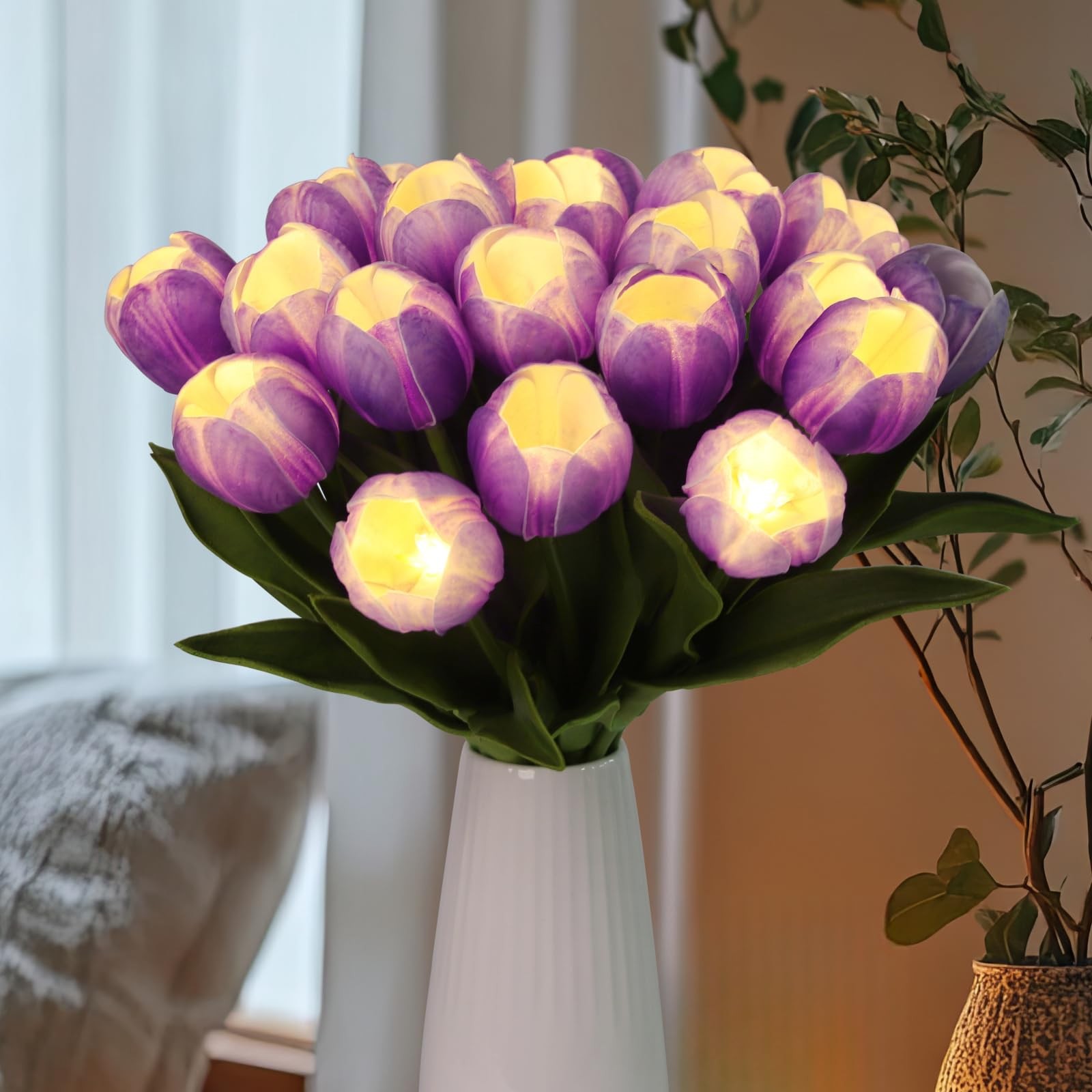 20 Stems LED Lighted Artificial Flowers Tulip Lamp Real Touch Tulips Faux Flo…