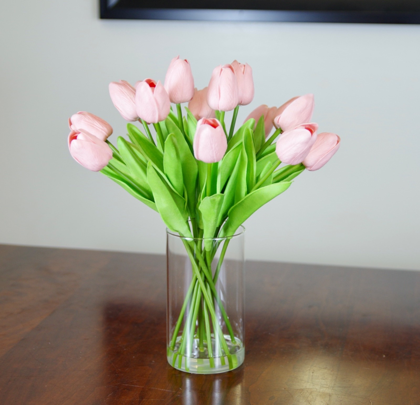 Silk Real Touch Peach Tulips in Glass Cylinder Vase With Clear Resin